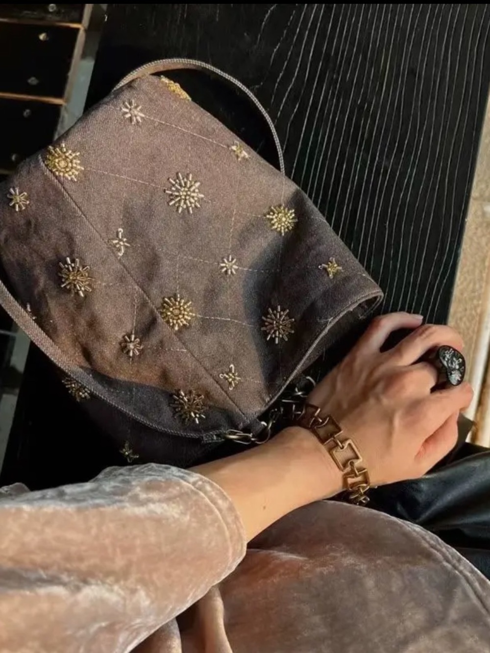 Brown Denim Chain-Handle Bucket Bag with Gold Embellishments - Picture 2 of 4